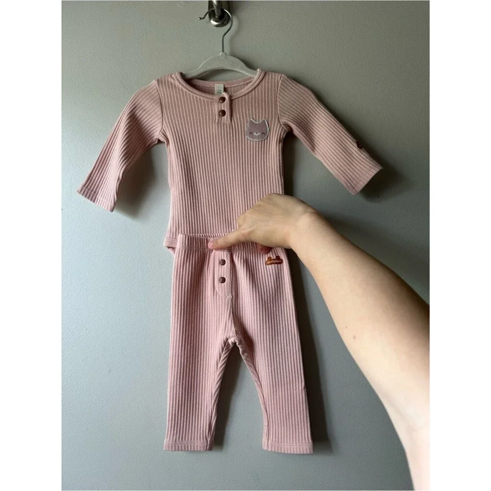 Wren Harper Blush Pink Ribbed Henley Baby Bodysuit with Pants Set Size 0-3 M NWT